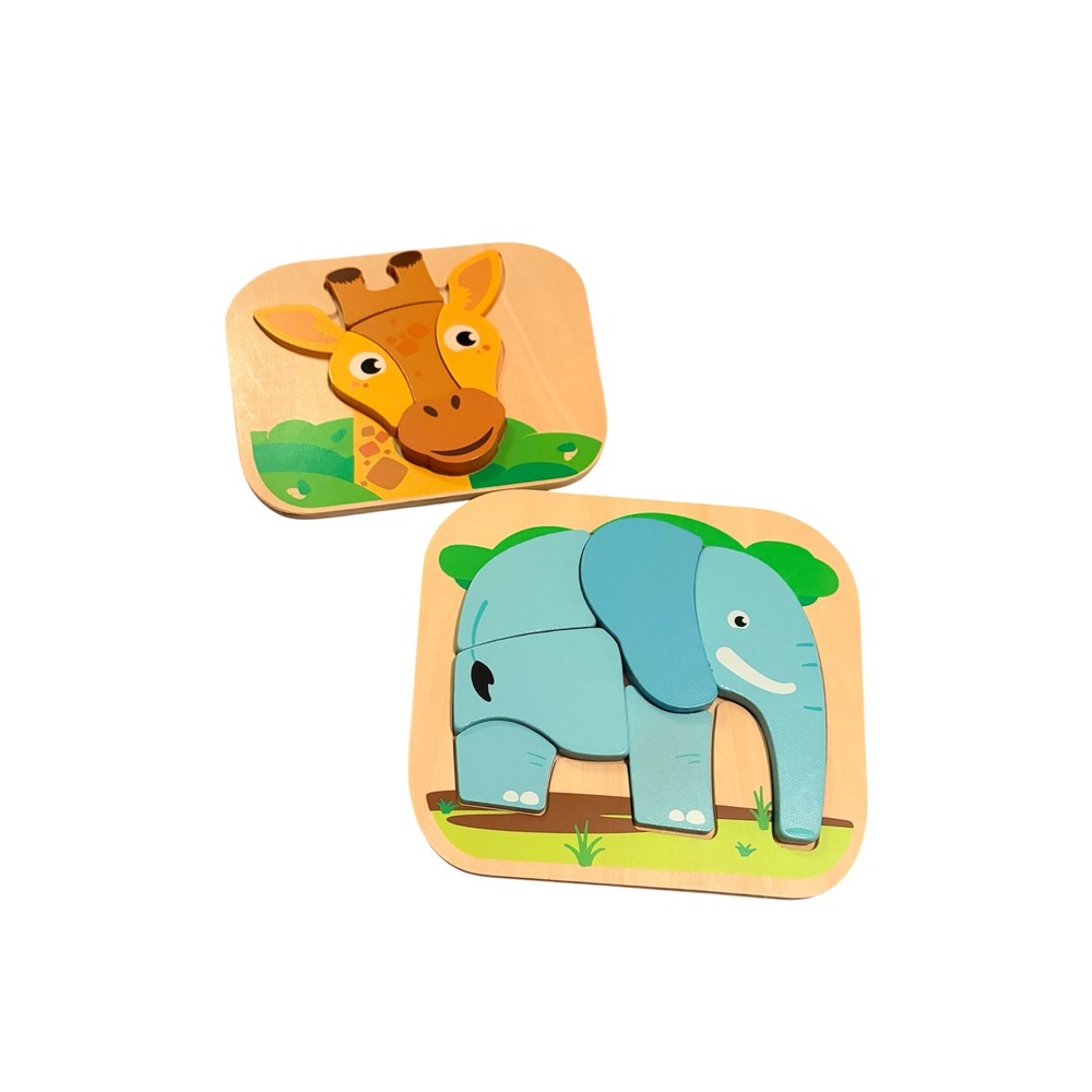 Set of 2 Wooden Toddler Chunky Puzzles Jungle Safari Elephant Giraffe
